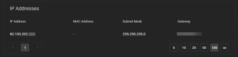 Section IP Addresses sur la page de gestion d'un VPS Winheberg affichant l'adresse IPv4, le subnet mask et la gateway
